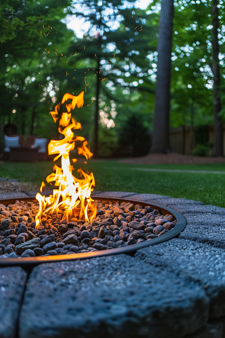 A fire pit with dancing flames set against a backdrop of a lush green garden at dusk.