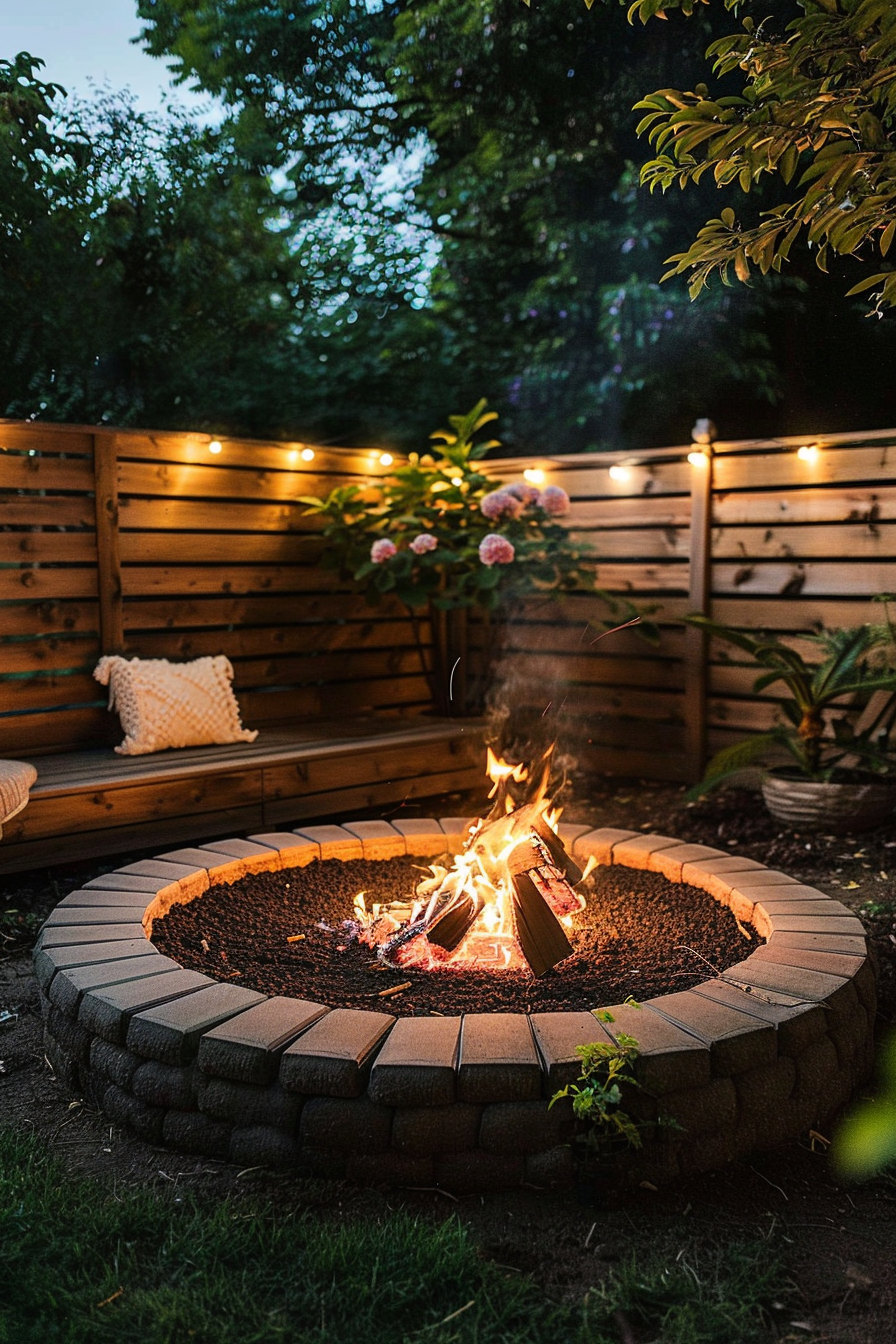 A cozy backyard setting at dusk with a fire pit ablaze, surrounded by benches, string lights, and blooming plants.