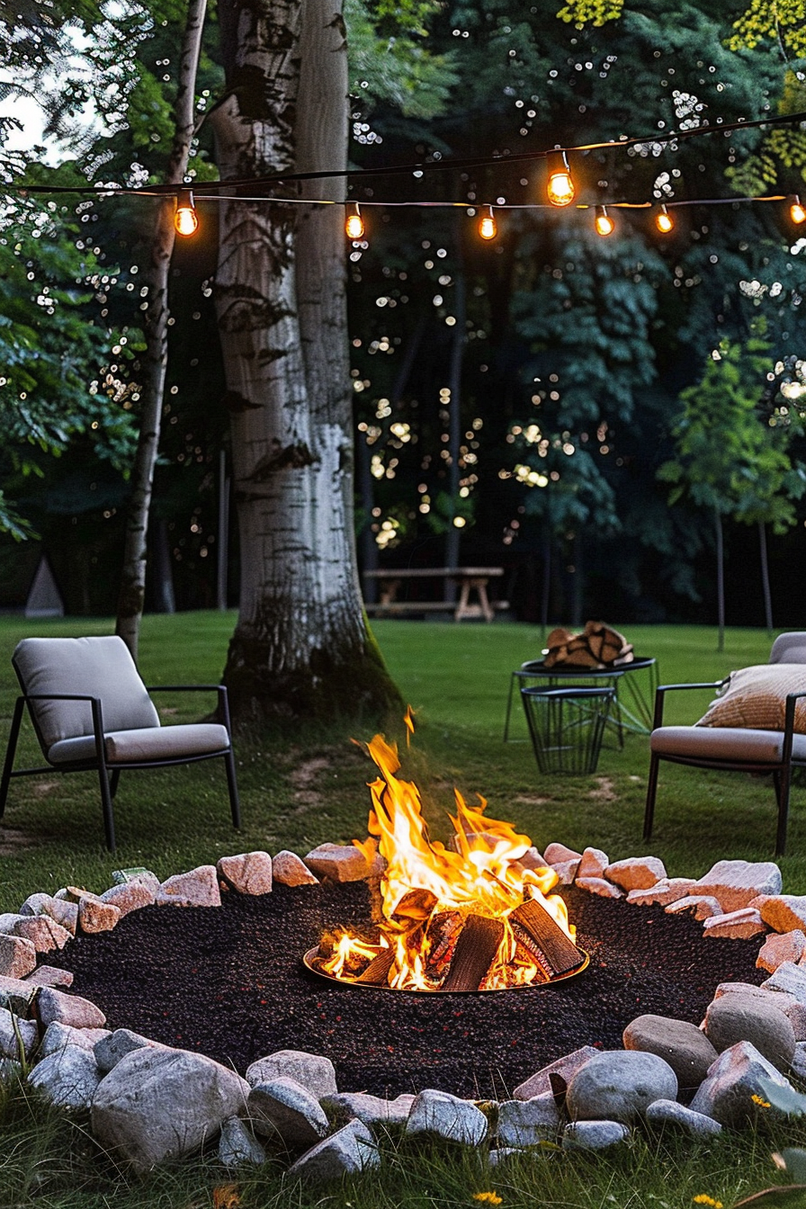 Outdoor evening setting with a cozy fire pit surrounded by stones, modern chairs, string lights, and trees in the background.