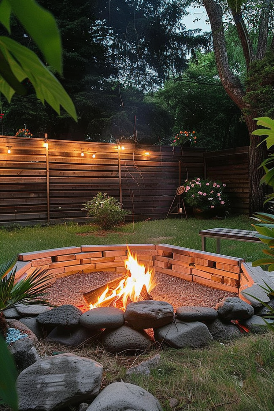 A serene backyard at dusk with a lit fire pit surrounded by stones and wooden benches, string lights above, and lush greenery.