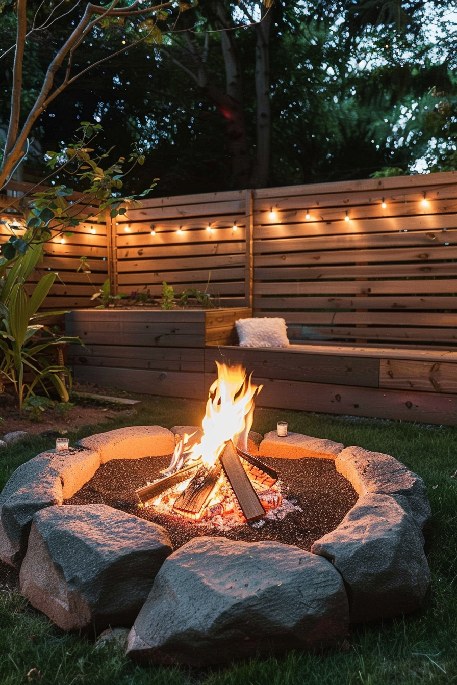 A cozy outdoor fire pit with a roaring fire, surrounded by large stones, against a backdrop of a wooden fence with hanging lights at dusk.