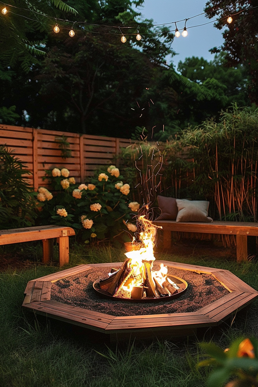 Cozy backyard scene at dusk with a lit fire pit surrounded by benches, string lights above, and blooming flowers.
