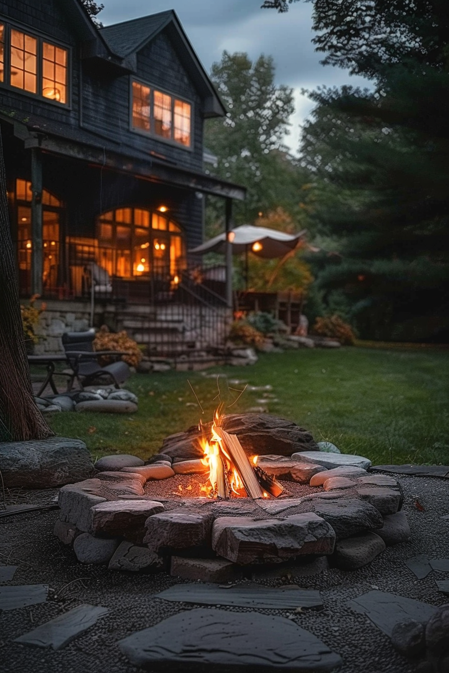 A cozy evening scene with a small fire pit ablaze in the foreground and a warmly lit two-story house in the background at dusk.