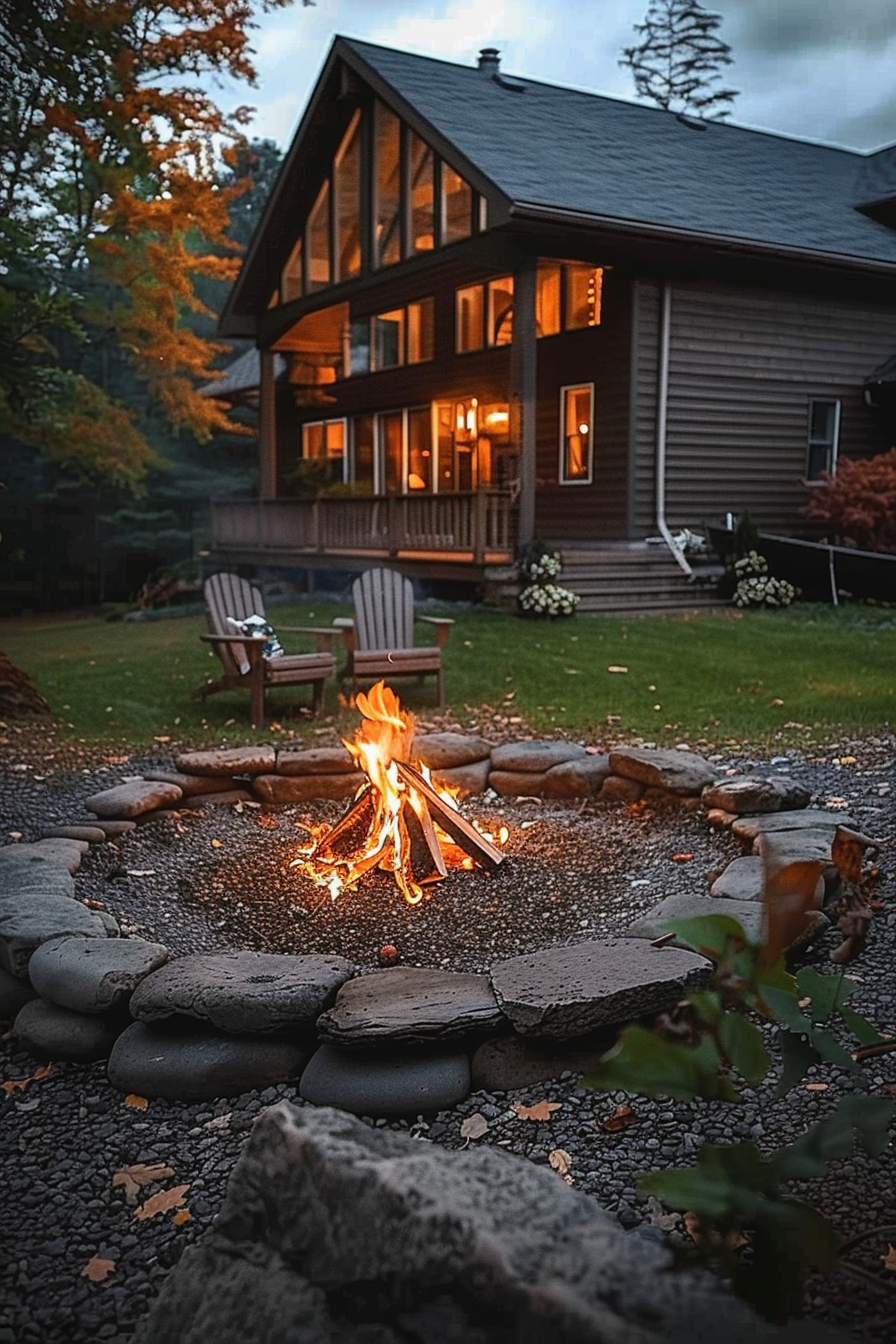 Cozy evening scene with a fire pit ablaze in the foreground and a two-story house with warm interior lights in the background, surrounded by autumn foliage.