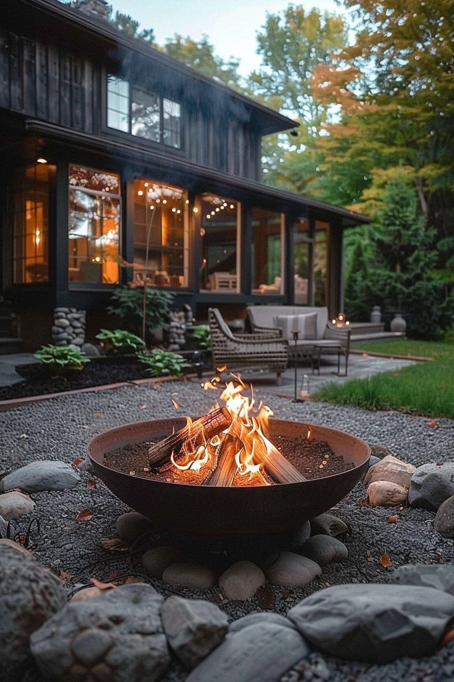 Cozy backyard with a lit fire pit in the foreground and a warmly lit house with string lights in the background during the evening.