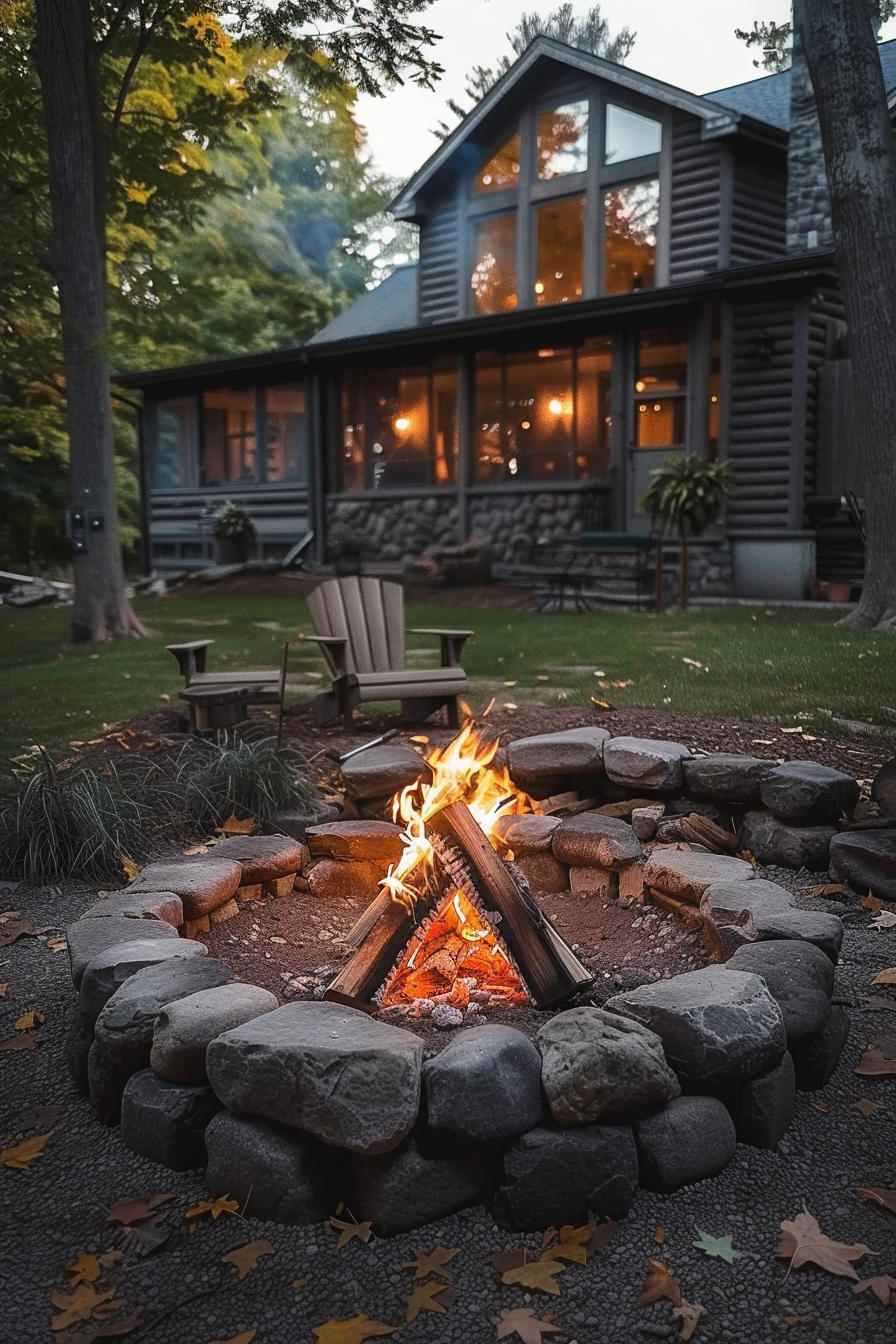 A cozy outdoor fire pit flares before a modern cabin among autumnal trees at dusk.