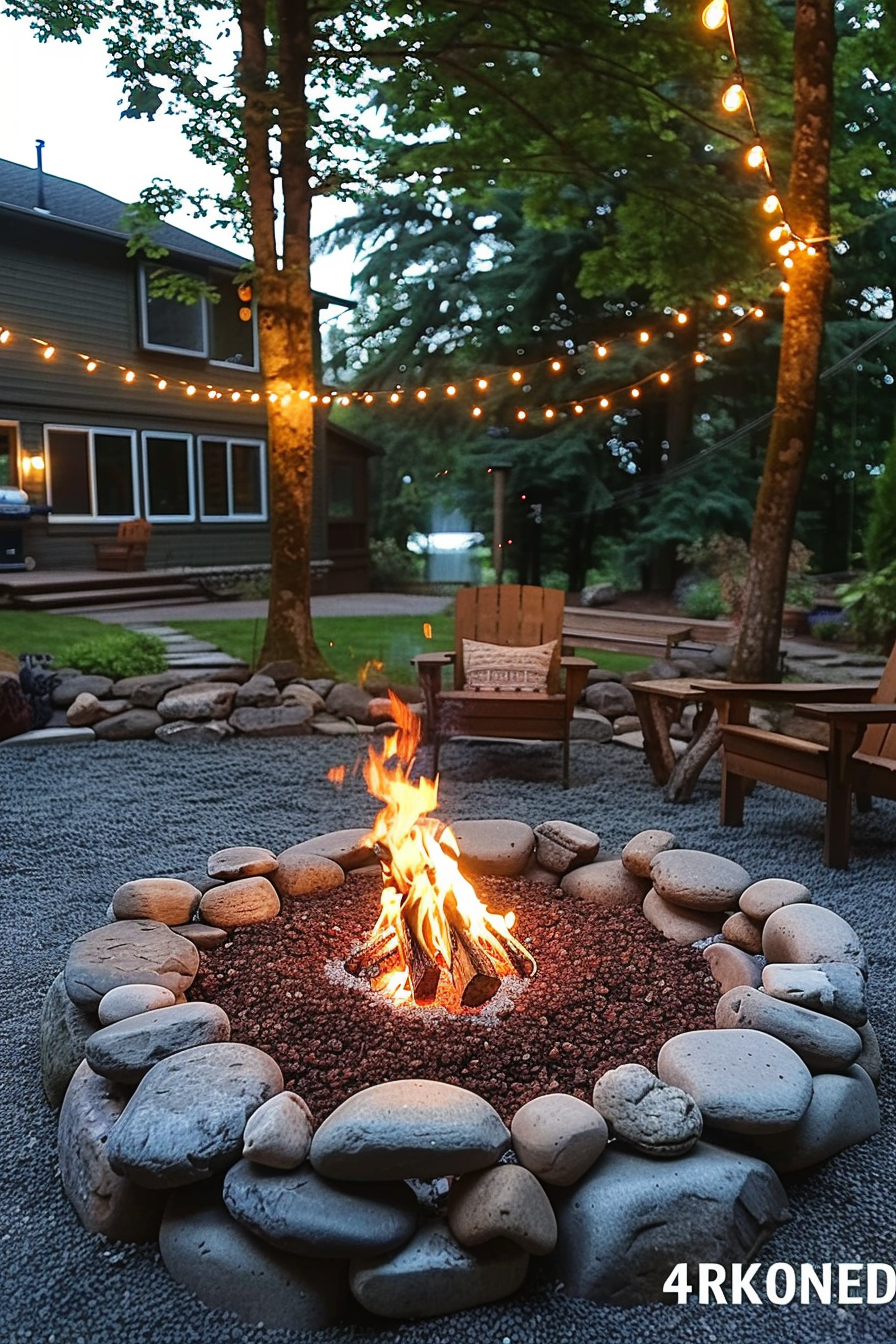 An inviting outdoor fire pit with flames and surrounding rock seating, set against a backdrop of a home with string lights at dusk.