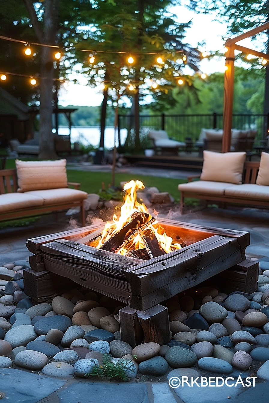 A cozy outdoor fire pit ablaze with warm flames, set against a backdrop of string lights and lakeside scenery at dusk.