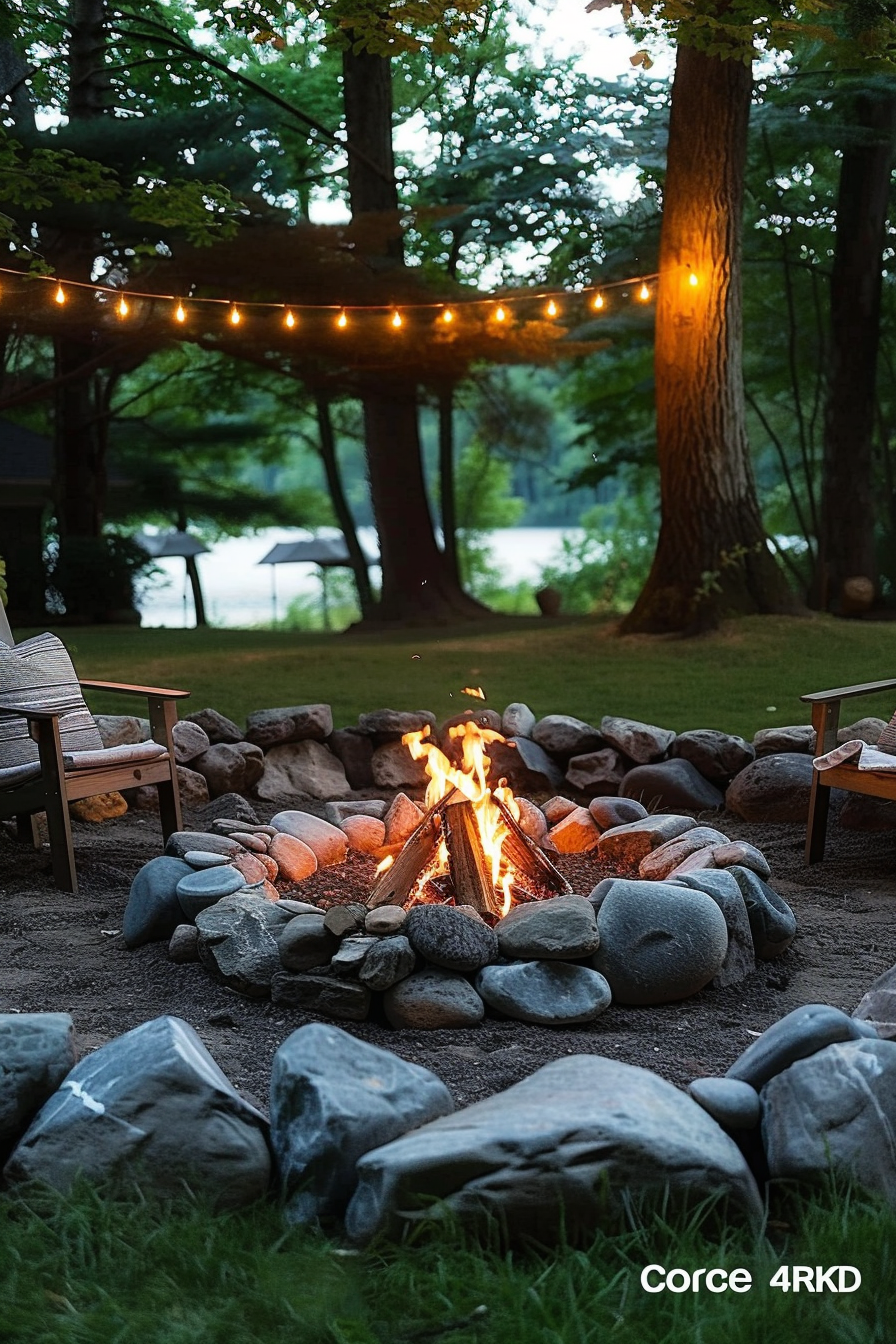 A cozy outdoor fire pit surrounded by rocks, with wooden chairs nearby, string lights above, and trees in the background at dusk.