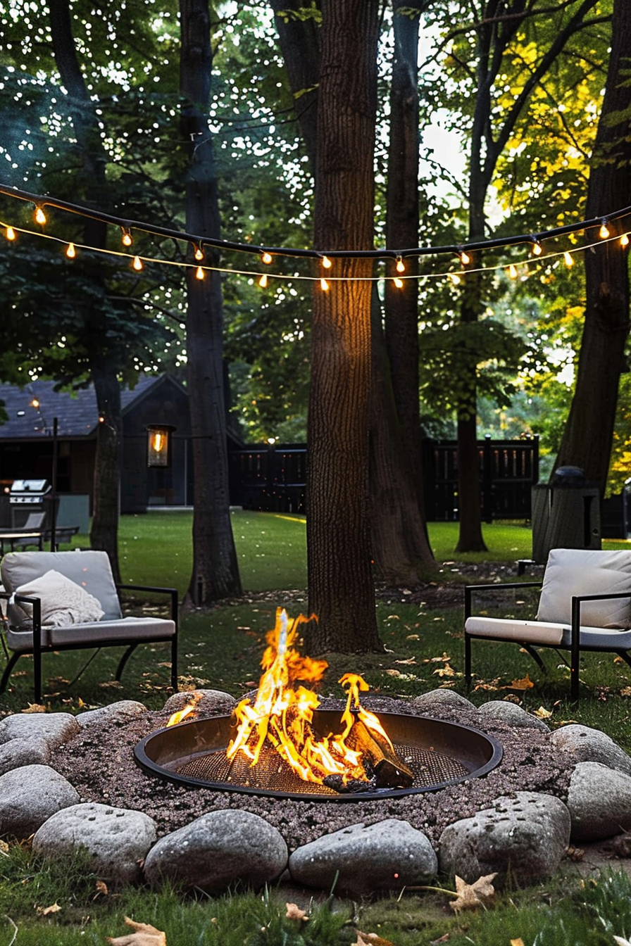 Cozy backyard with a fire pit blazing, surrounded by large stones, string lights in trees, and a chair with a throw pillow.