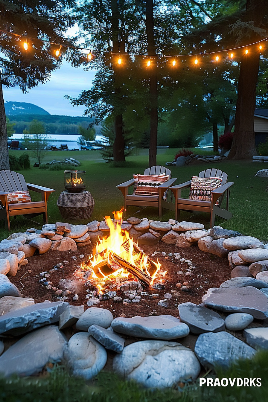 Outdoor evening setting with a crackling fire pit encircled by rocks, Adirondack chairs, and strung lights amidst trees with a water view.