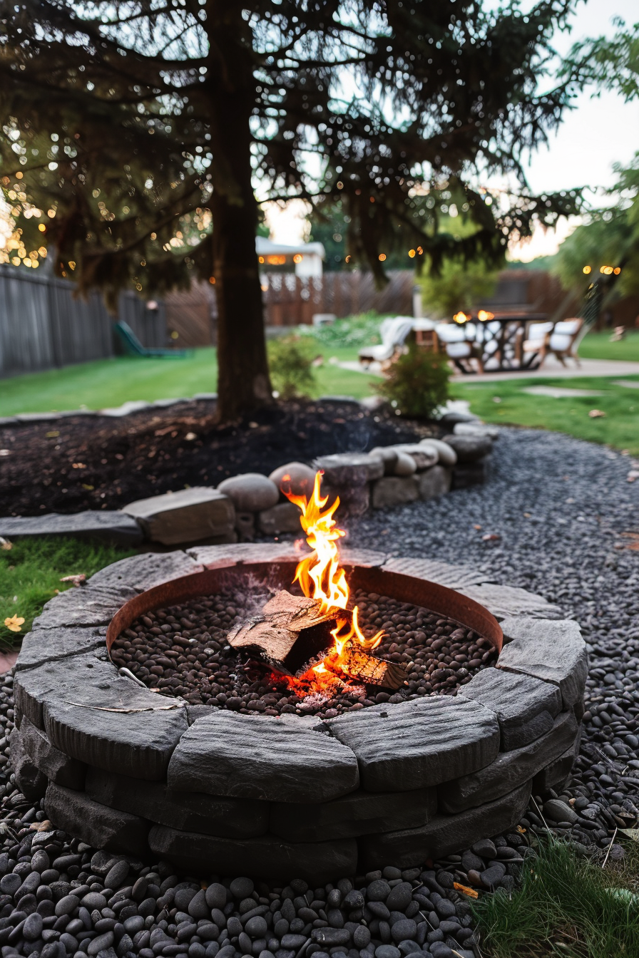 A cozy backyard fire pit with a small fire burning, surrounded by stone seating and a lush garden in the evening light.