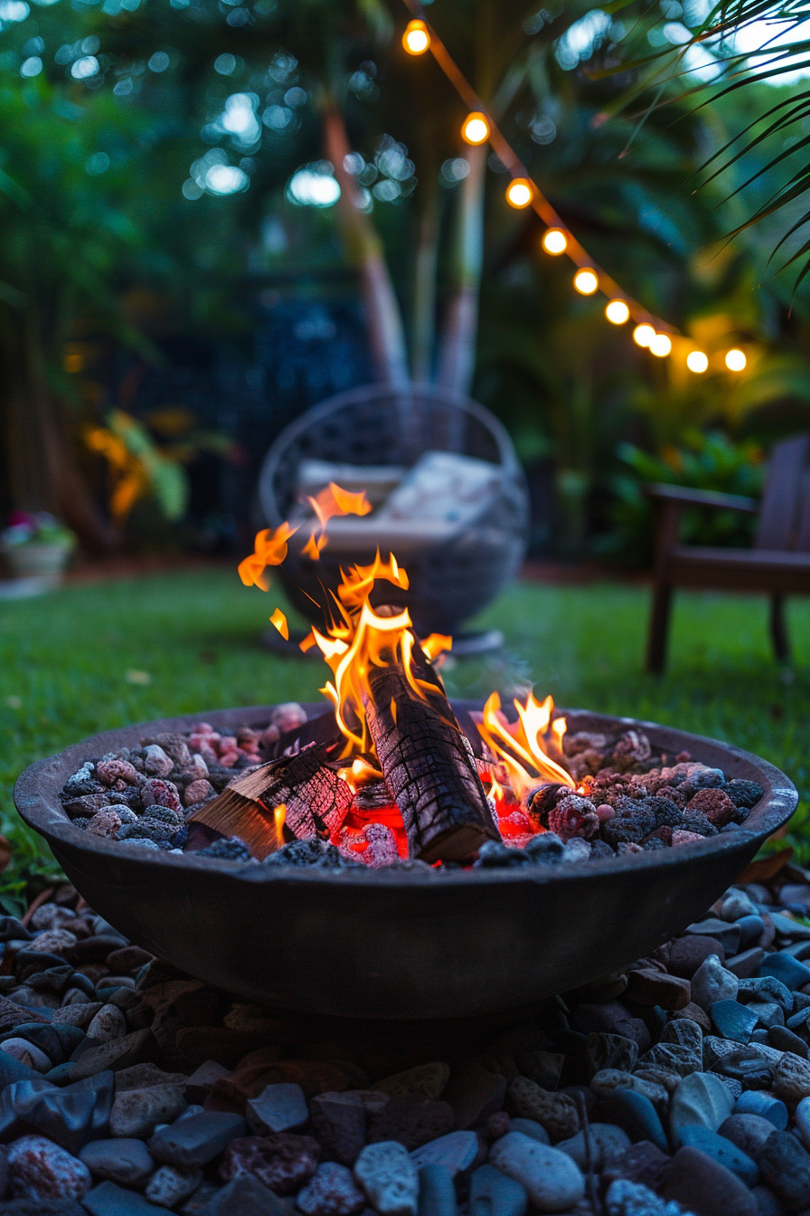 A cozy backyard fire pit with burning logs, surrounded by pebbles and strung lights, evoking a tranquil evening ambiance.