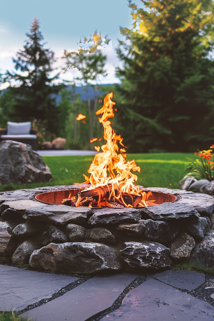 A lively fire pit with dancing flames set in a backyard with greenery and trees at dusk.