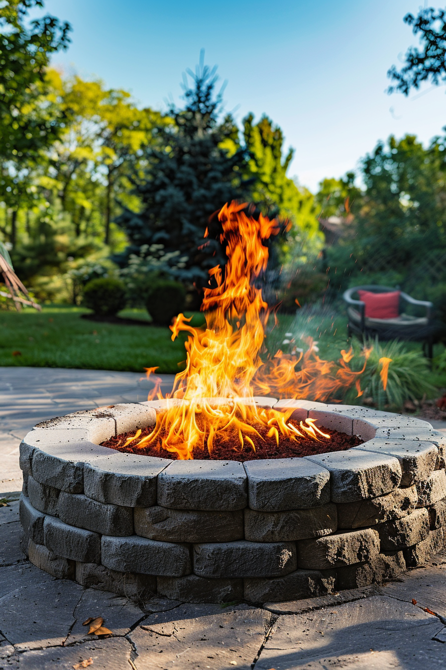 A backyard fire pit with blazing flames, surrounded by a stone circle, on a patio with greenery in the background.