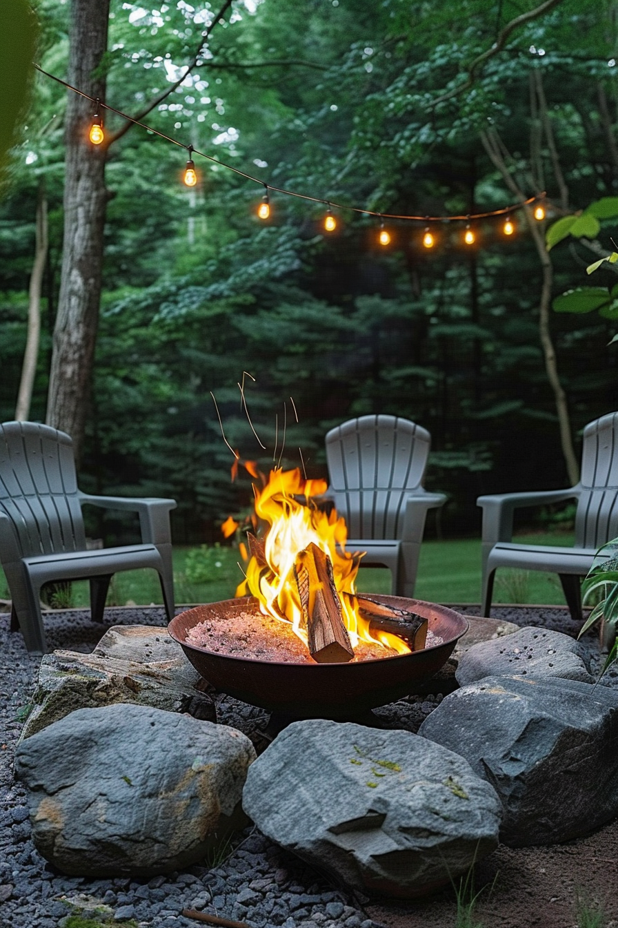 Outdoor evening setting with a lit fire pit surrounded by rocks, two Adirondack chairs, and hanging string lights amidst greenery.