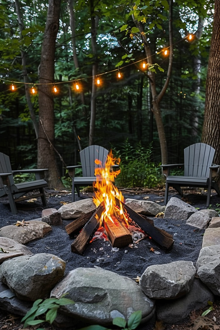 Cozy outdoor fire pit with crackling flames, surrounded by stone and Adirondack chairs, with string lights in a forested backyard.