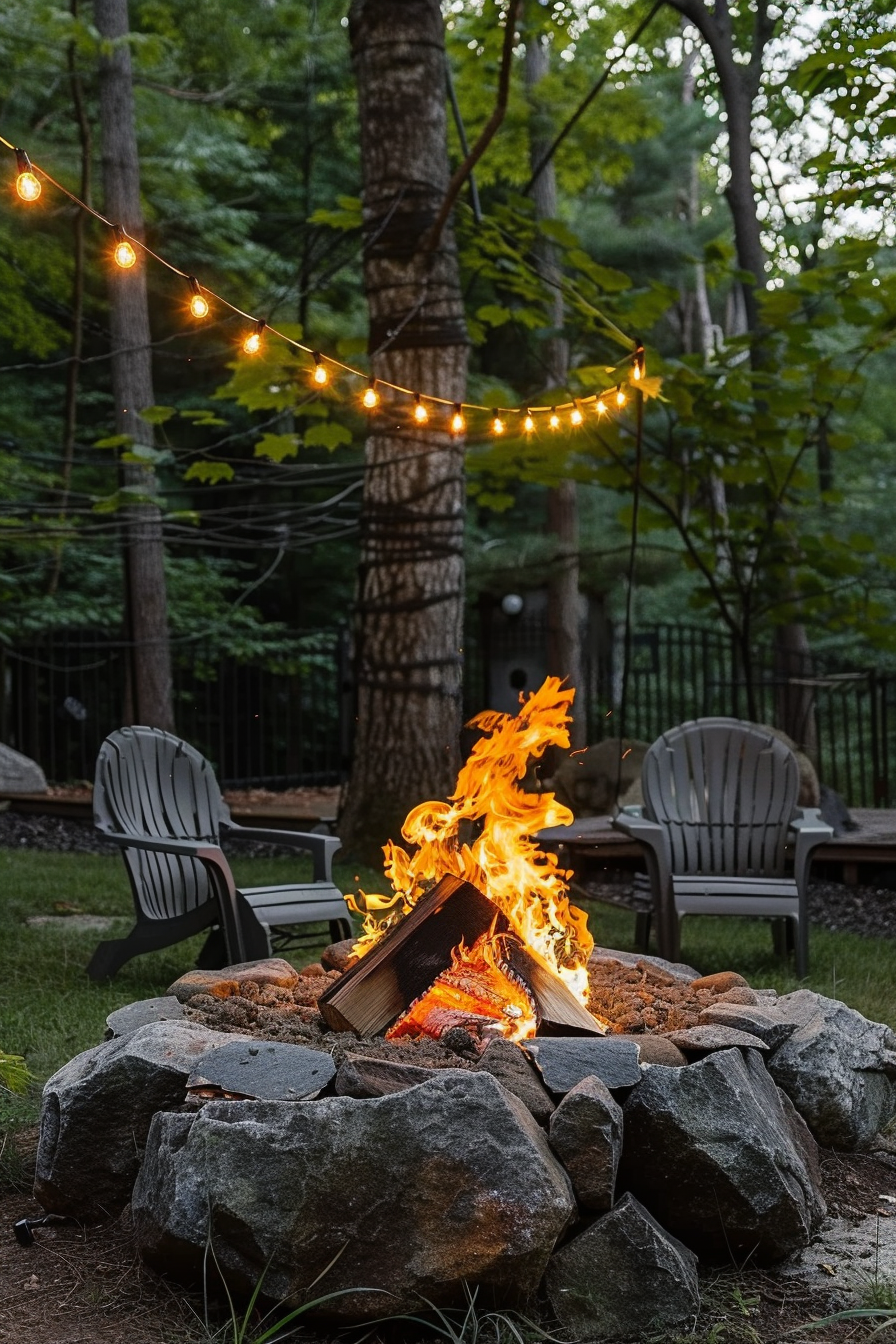 A campfire blazes within a circle of rocks at dusk with string lights hanging between trees and Adirondack chairs in the background.