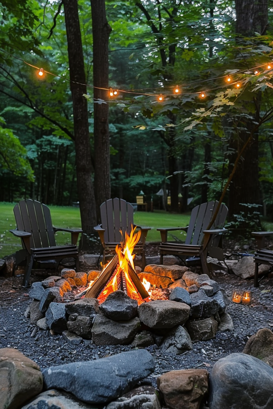 Adirondack chairs by a campfire surrounded by stones with string lights in a forest clearing.