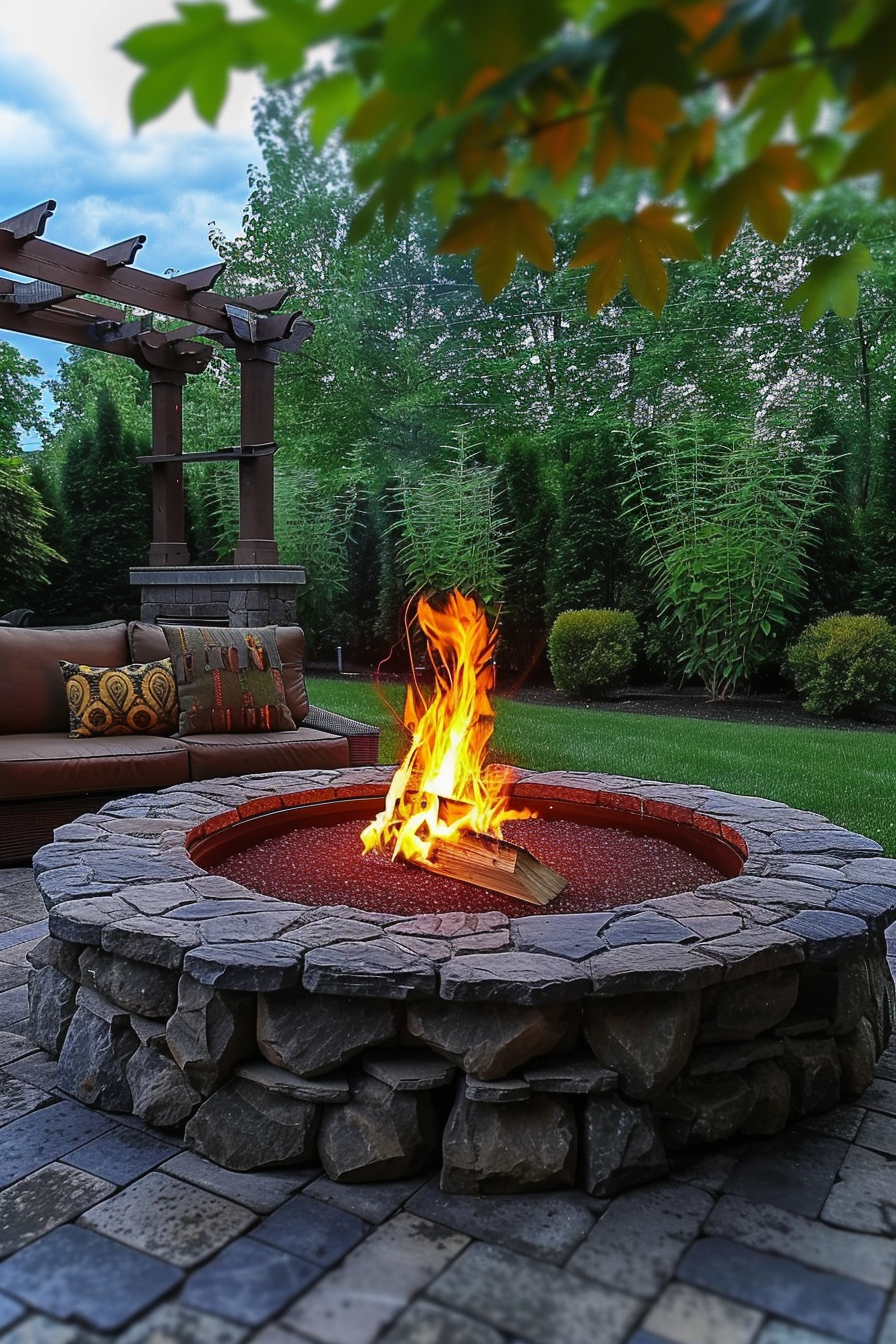 A cozy backyard scene with a blazing fire pit surrounded by natural stone and outdoor furniture under a green canopy.
