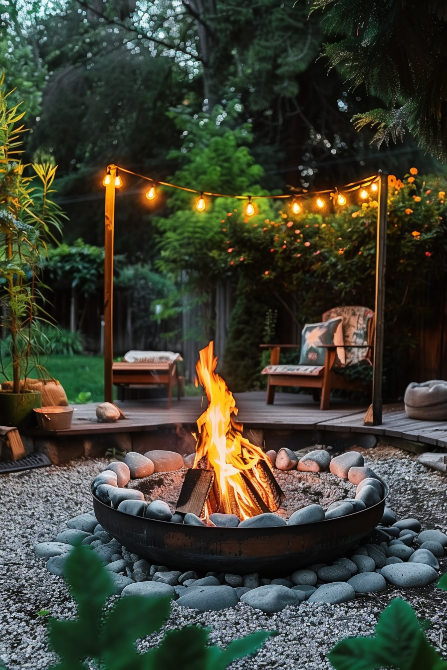 Cozy backyard with a lit fire pit, string lights, wooden furniture, and lush greenery at dusk.
