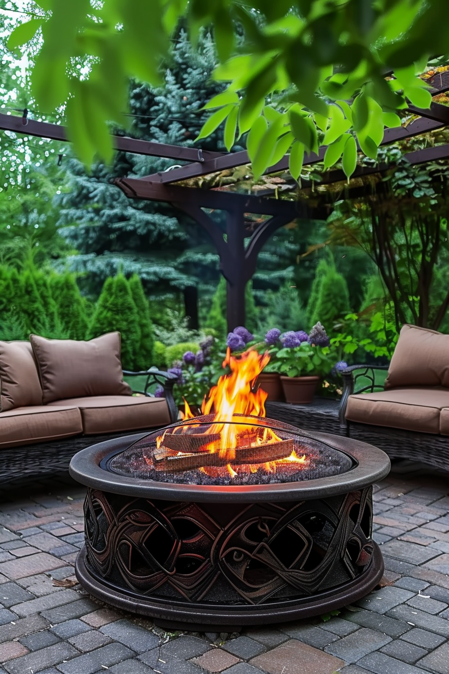 A cozy outdoor patio setting with a lit fire pit in the center, surrounded by cushioned chairs and lush greenery.