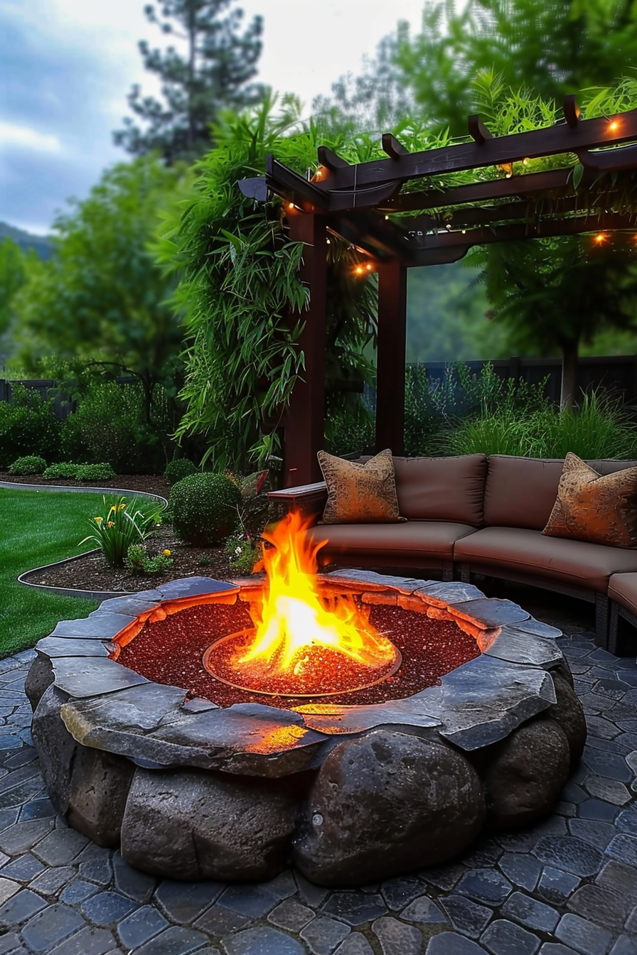 A cozy outdoor seating area with a blazing fire pit surrounded by large stones, under a pergola with hanging lights at dusk.