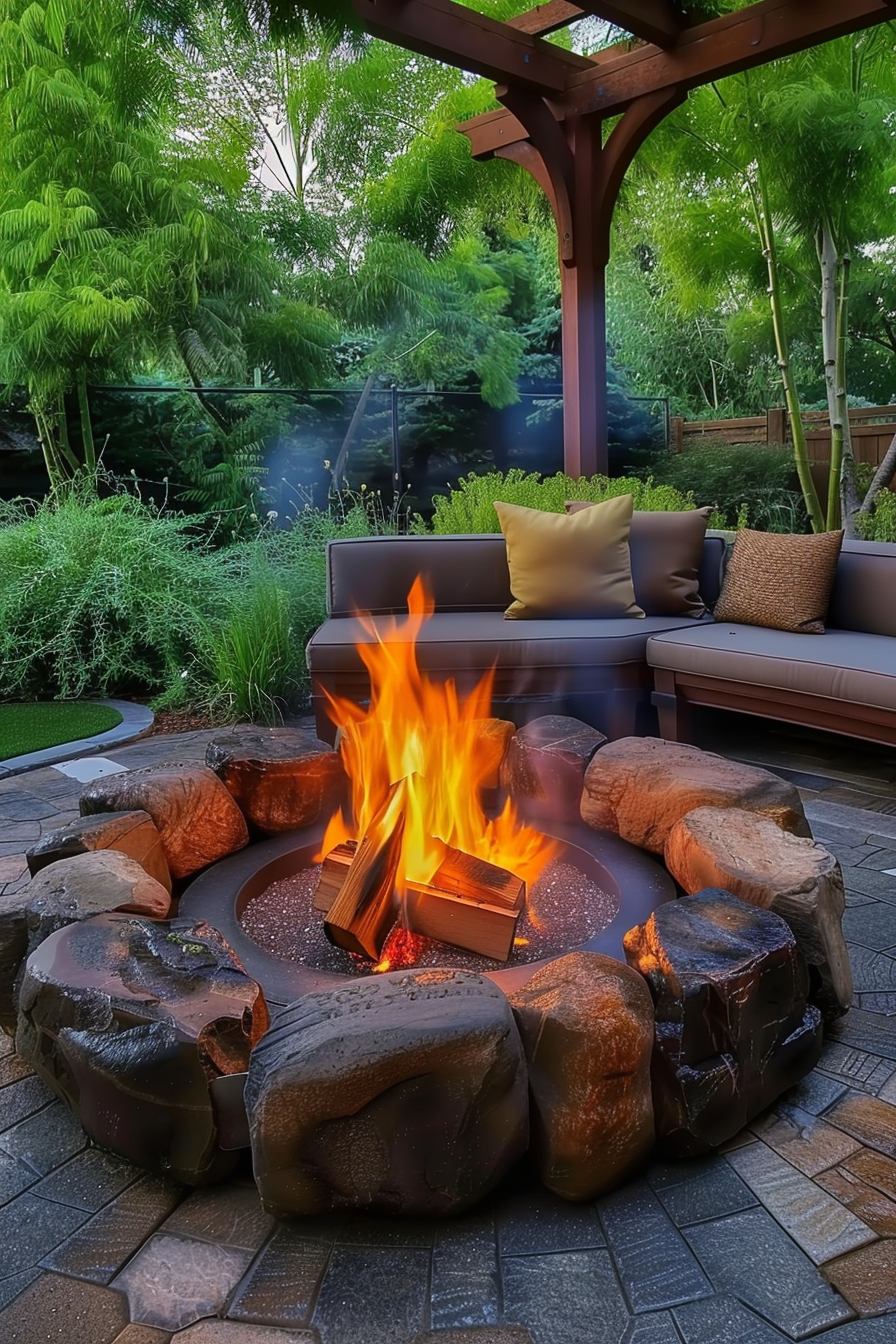 Outdoor patio with a blazing fire pit surrounded by large stones and cozy seating under a wooden pergola and lush greenery.