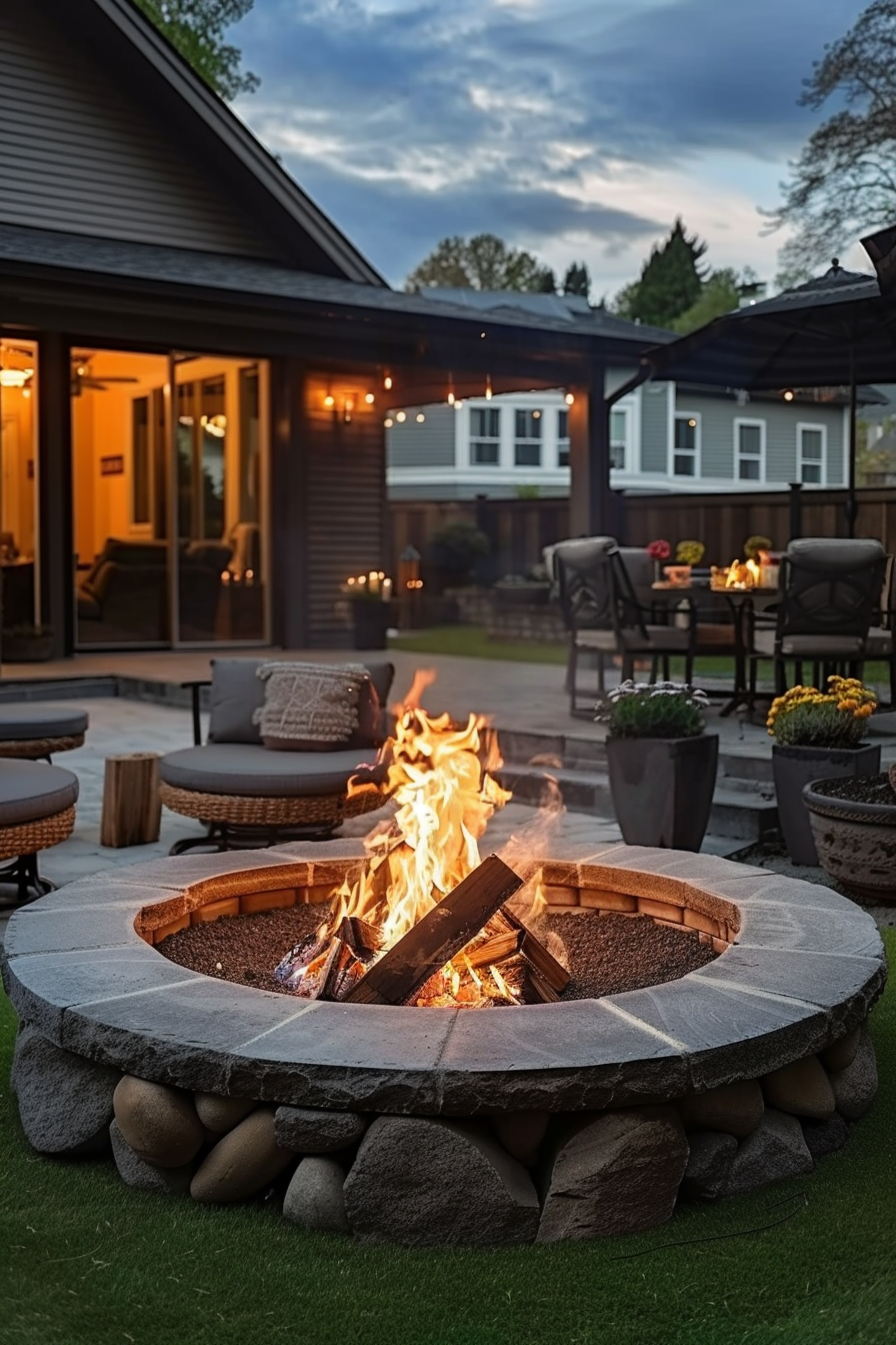 A cozy backyard evening scene with a blazing fire pit, surrounded by chairs and warm lighting, with a home's interior visible in the background.