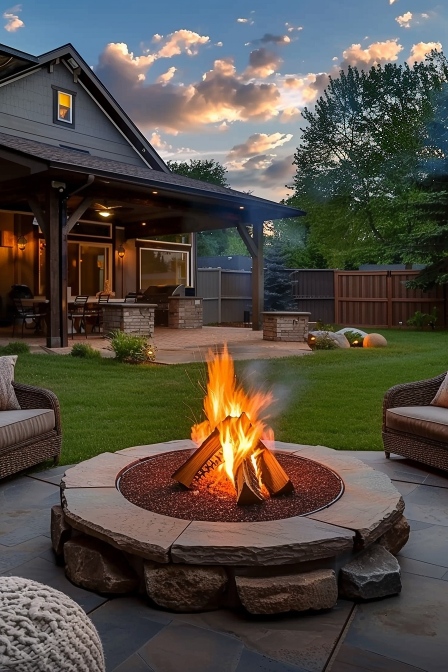 A cozy backyard at dusk with a lit fire pit, patio furniture, and a view of the illuminated house and sky with scattered clouds.