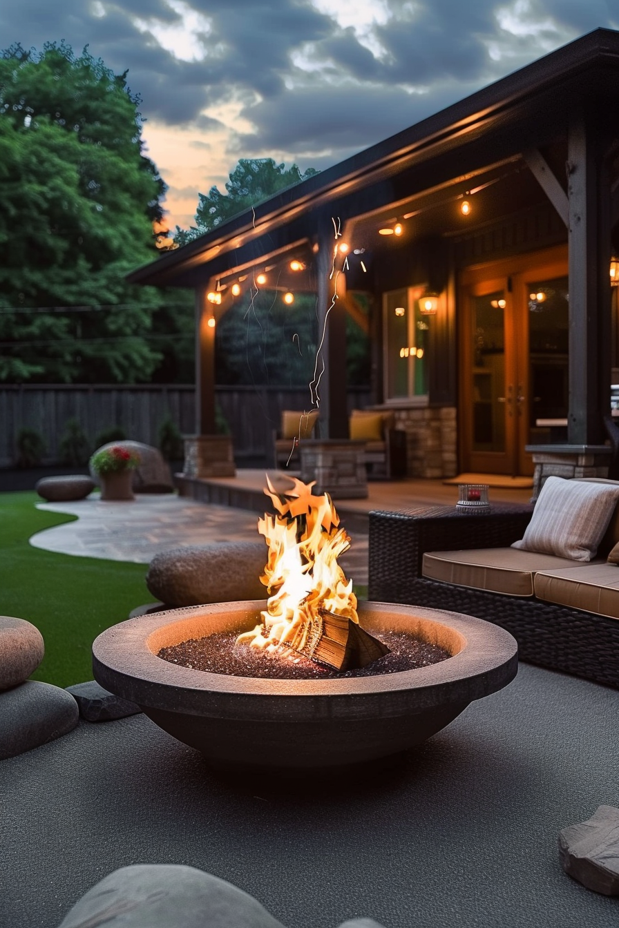 ALT: A cozy backyard patio at dusk with a fire pit ablaze, surrounded by wicker furniture, string lights above, and lush greenery in the background.