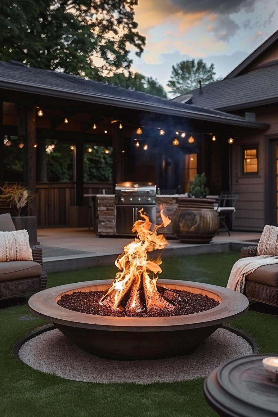 Cozy backyard evening with a lit fire pit, comfortable seating, string lights, and a grill in a tranquil suburban setting.