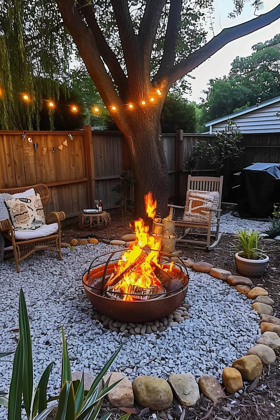 Cozy backyard in the evening with string lights, fire pit ablaze, surrounded by chairs, rocks, and plants.