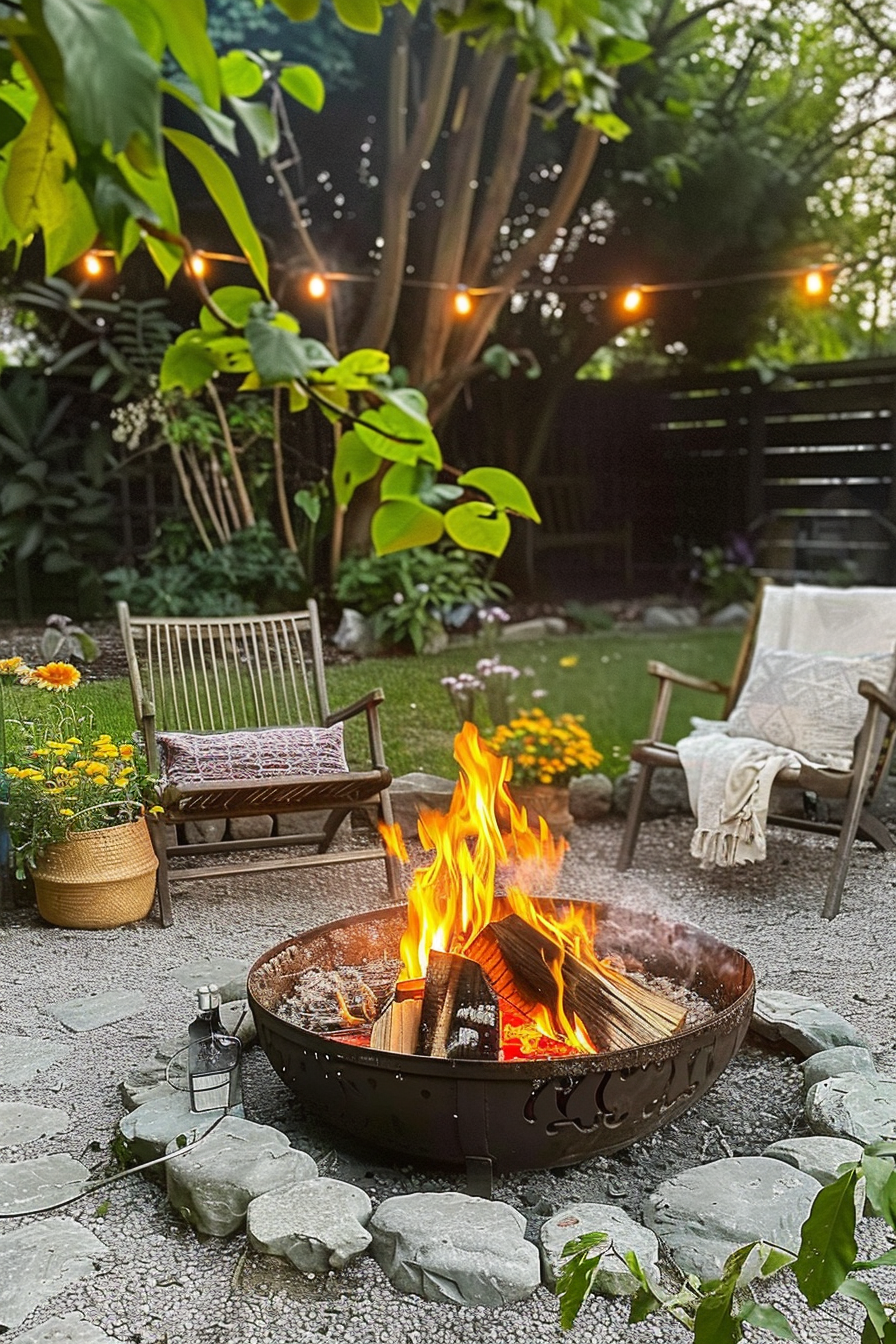 A cozy garden scene at dusk with a roaring fire pit, surrounded by stones, two wooden chairs, hanging lights, and lush greenery.