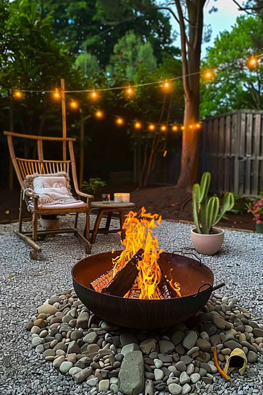 A cozy backyard evening scene with a lit fire pit, string lights, a rocking chair, and a potted cactus.