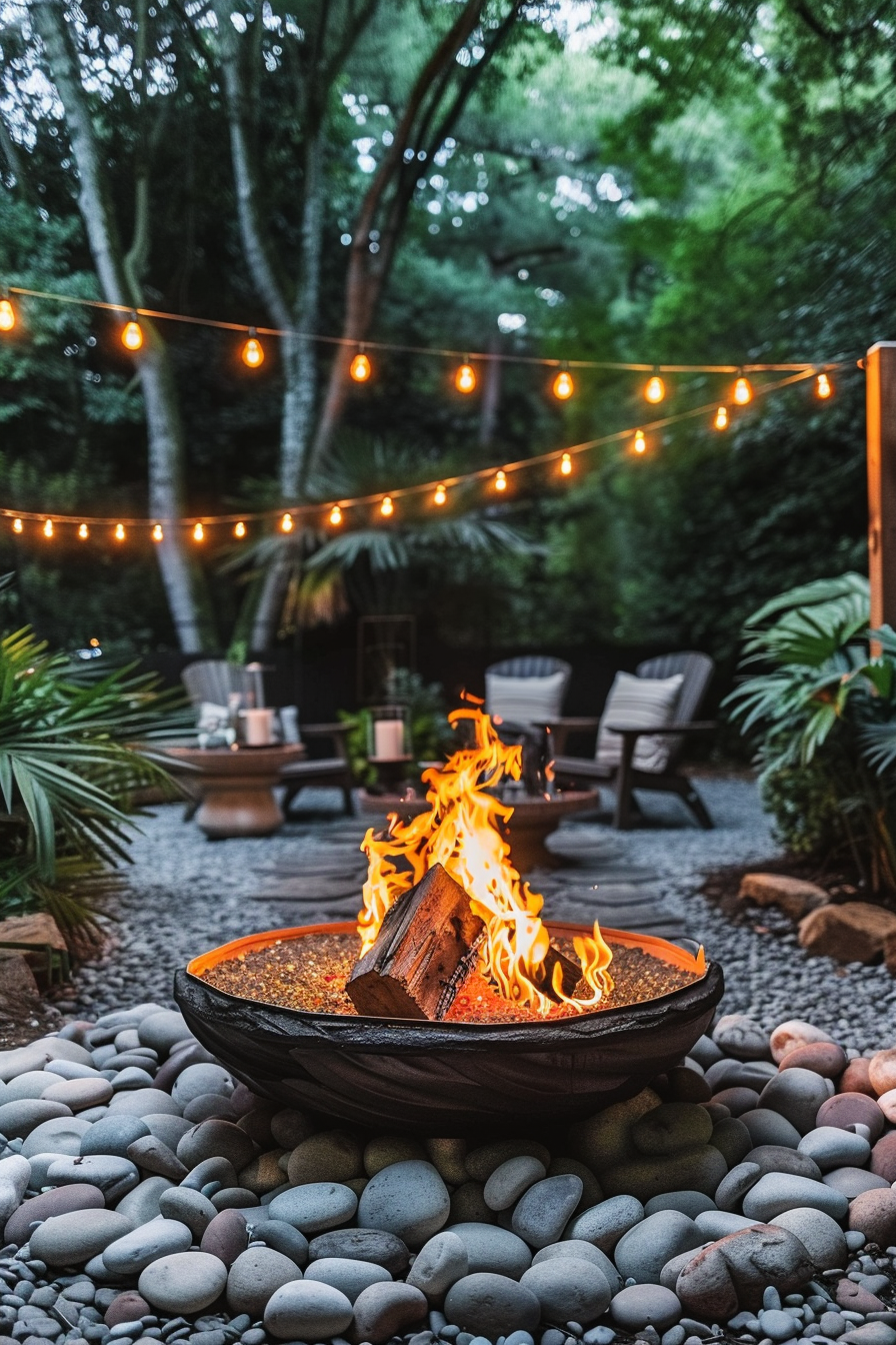 Cozy outdoor evening setting with a fire pit ablaze, surrounded by smooth pebbles and string lights overhead, flanked by patio furniture.