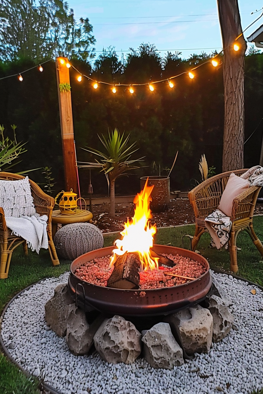 Cozy backyard evening with a fire pit ablaze surrounded by wicker chairs, soft lighting, and green plants under a dusky sky.