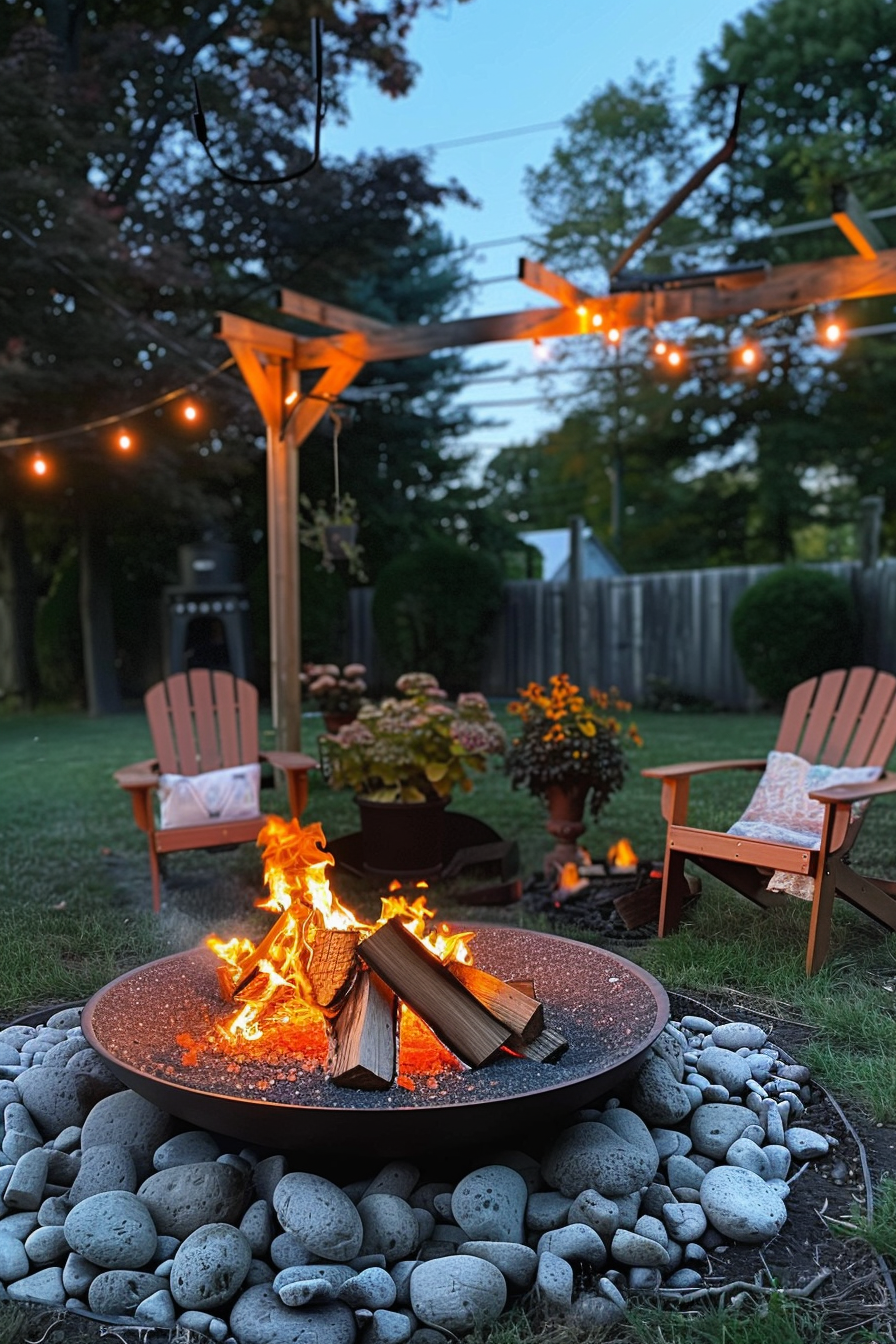 A cozy backyard fire pit with burning wood, surrounded by rocks, with Adirondack chairs and hanging lights at twilight.