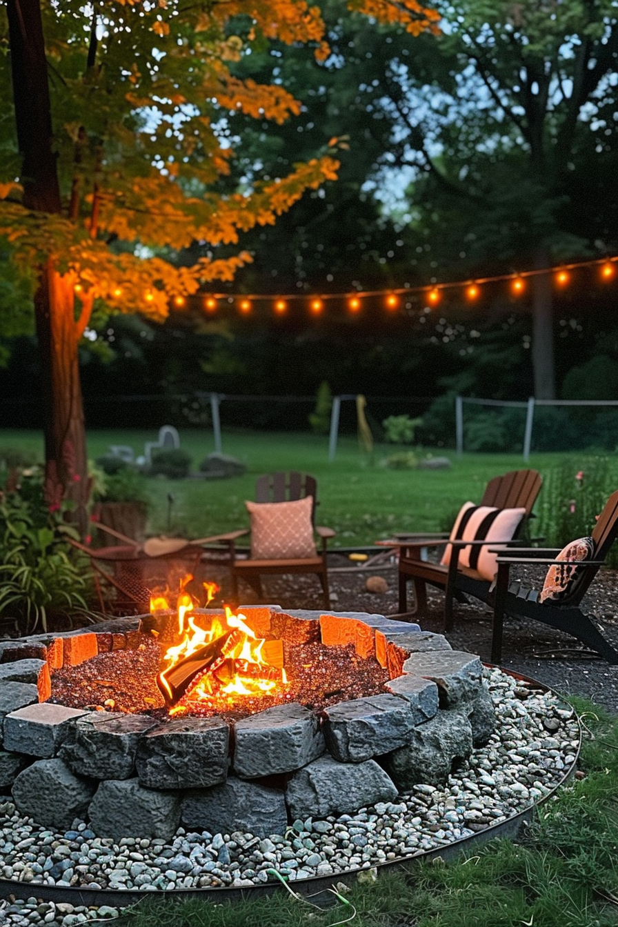 Cozy backyard fire pit surrounded by chairs with warm string lights and trees at dusk.