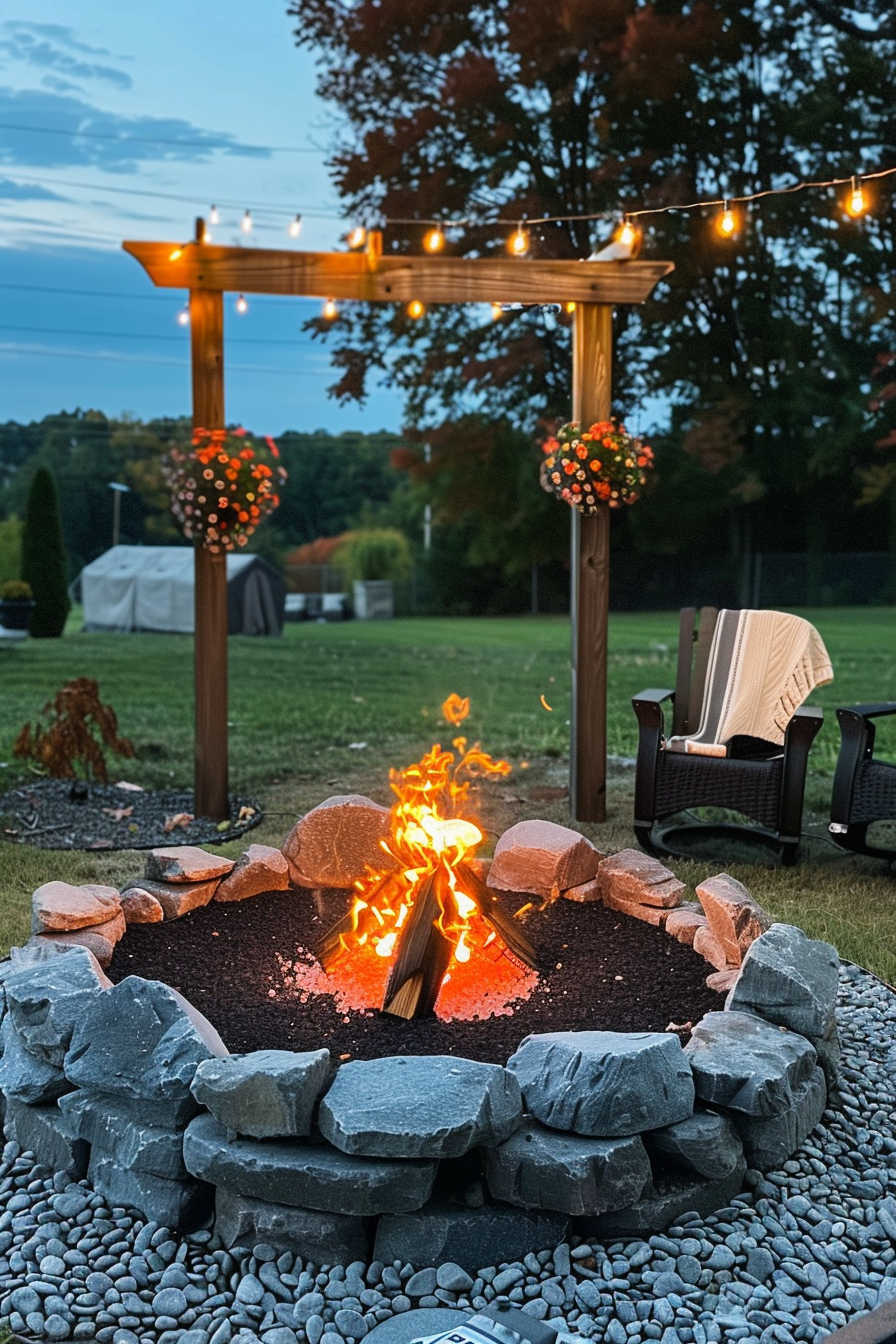 A cozy backyard with a fire pit ablaze, surrounded by stone seating and strung lights above during dusk.