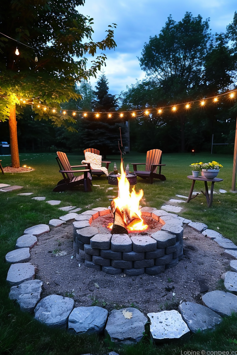 Backyard evening with a lit fire pit, Adirondack chairs surrounding it, string lights above, and greenery in the background.