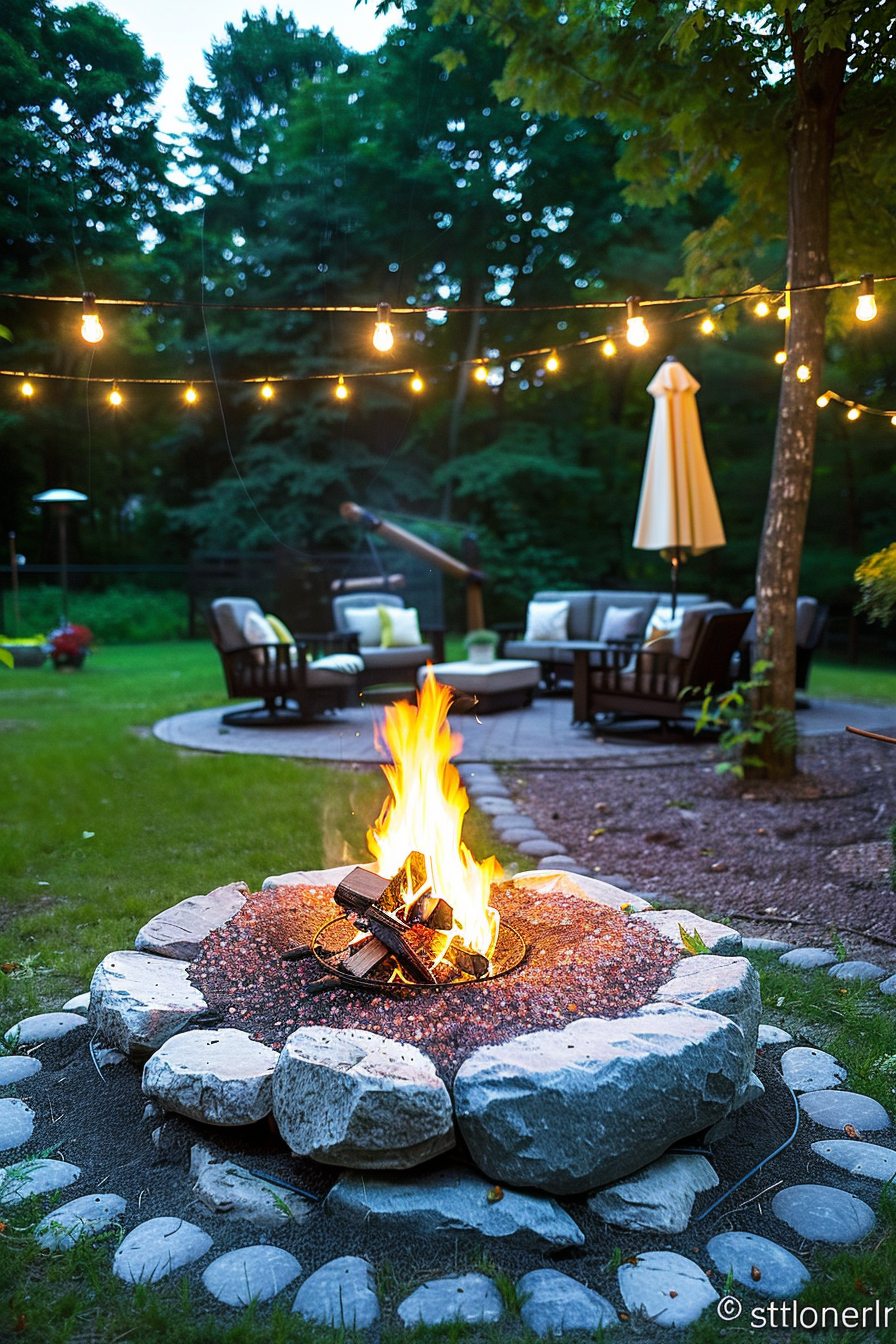 Cozy backyard with a blazing fire pit, surrounded by chairs under string lights at dusk.
