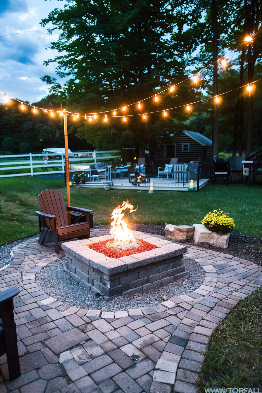 Outdoor backyard with a lit fire pit, string lights, Adirondack chair, and potted plants in the evening.