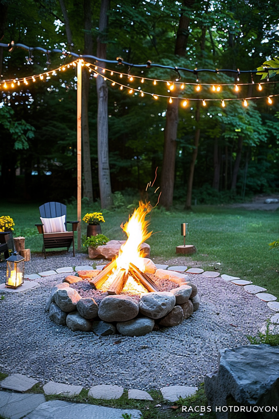 Outdoor evening setting with a lit fire pit surrounded by stones, Adirondack chairs, hanging string lights, and green trees.
