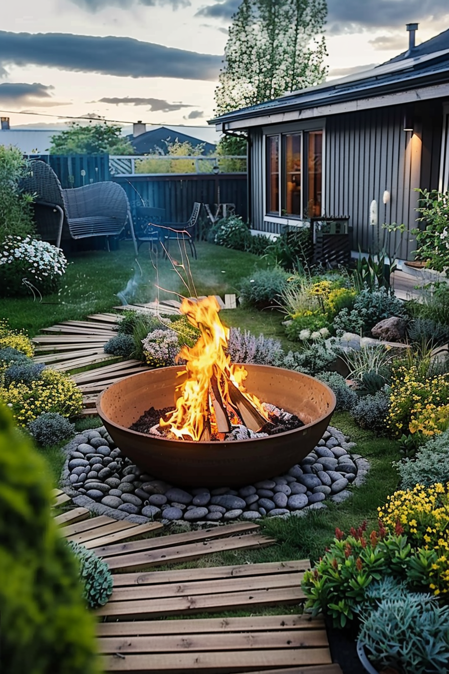 A cozy backyard with a blazing fire pit surrounded by lush plants and pebble accents, with garden furniture in the background at dusk.