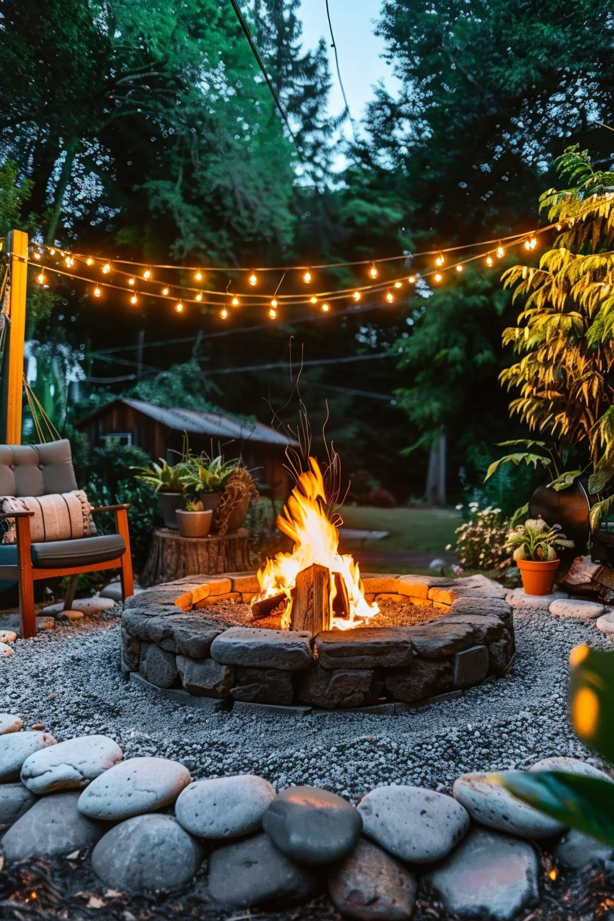 Cozy backyard with a fire pit, string lights, chair, and surrounding plants at twilight.