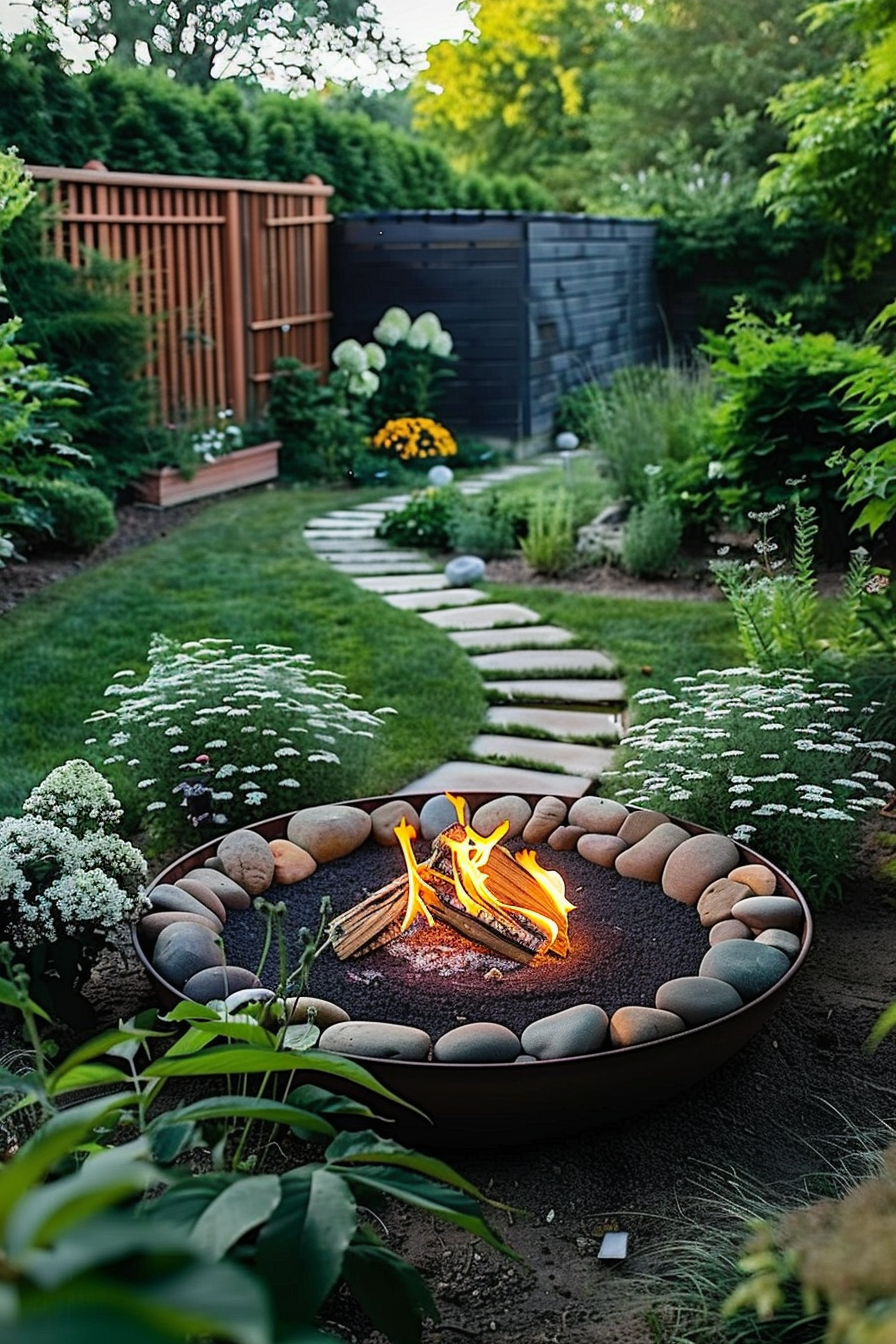 A serene garden pathway leading to a lit fire bowl surrounded by large stones and lush greenery during dusk.