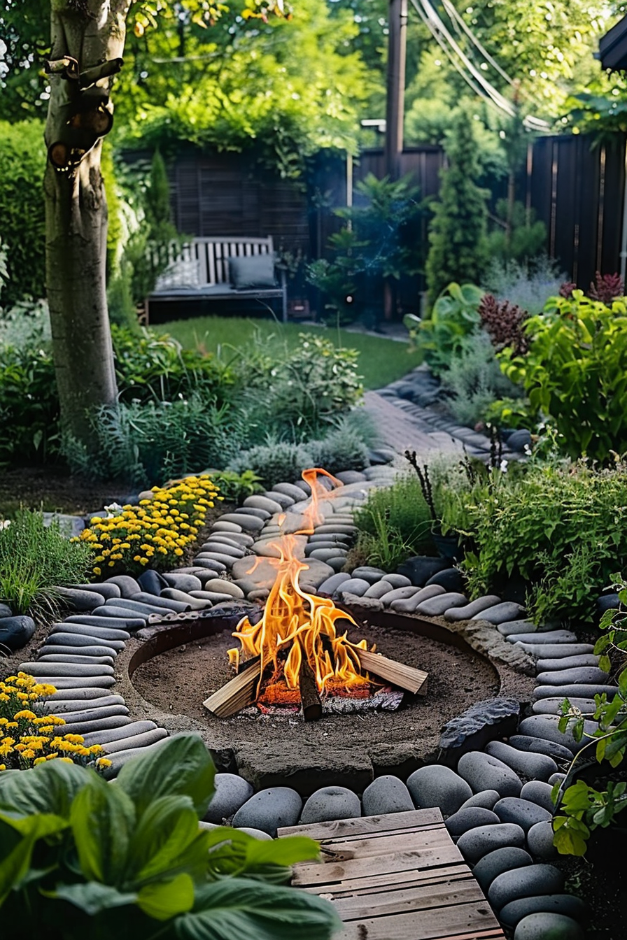 A cozy backyard garden with a fire pit surrounded by stones, lush plants, and a bench in the background.