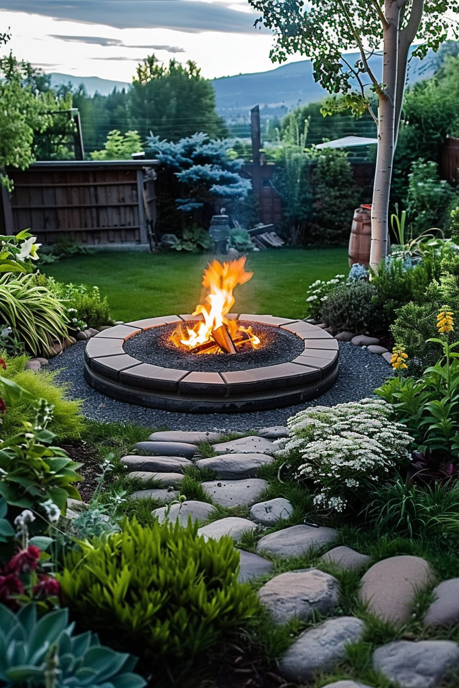 "Inviting backyard with a lit fire pit, stone pathway, lush greenery, and distant mountains at dusk."