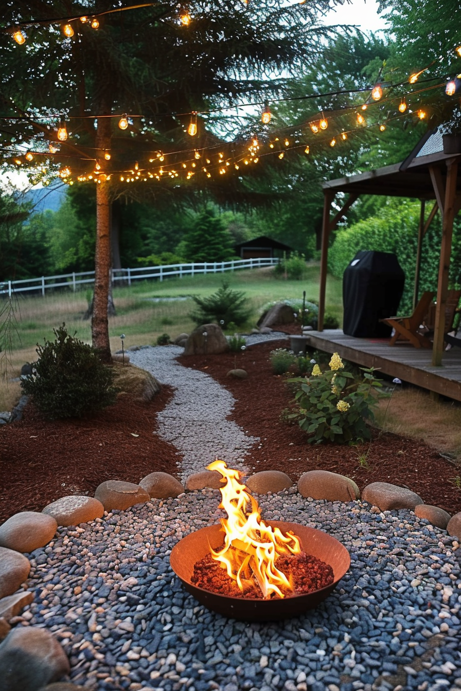 A cozy backyard evening scene with a fire pit ablaze, string lights overhead, a pathway, and a covered grill on the deck.